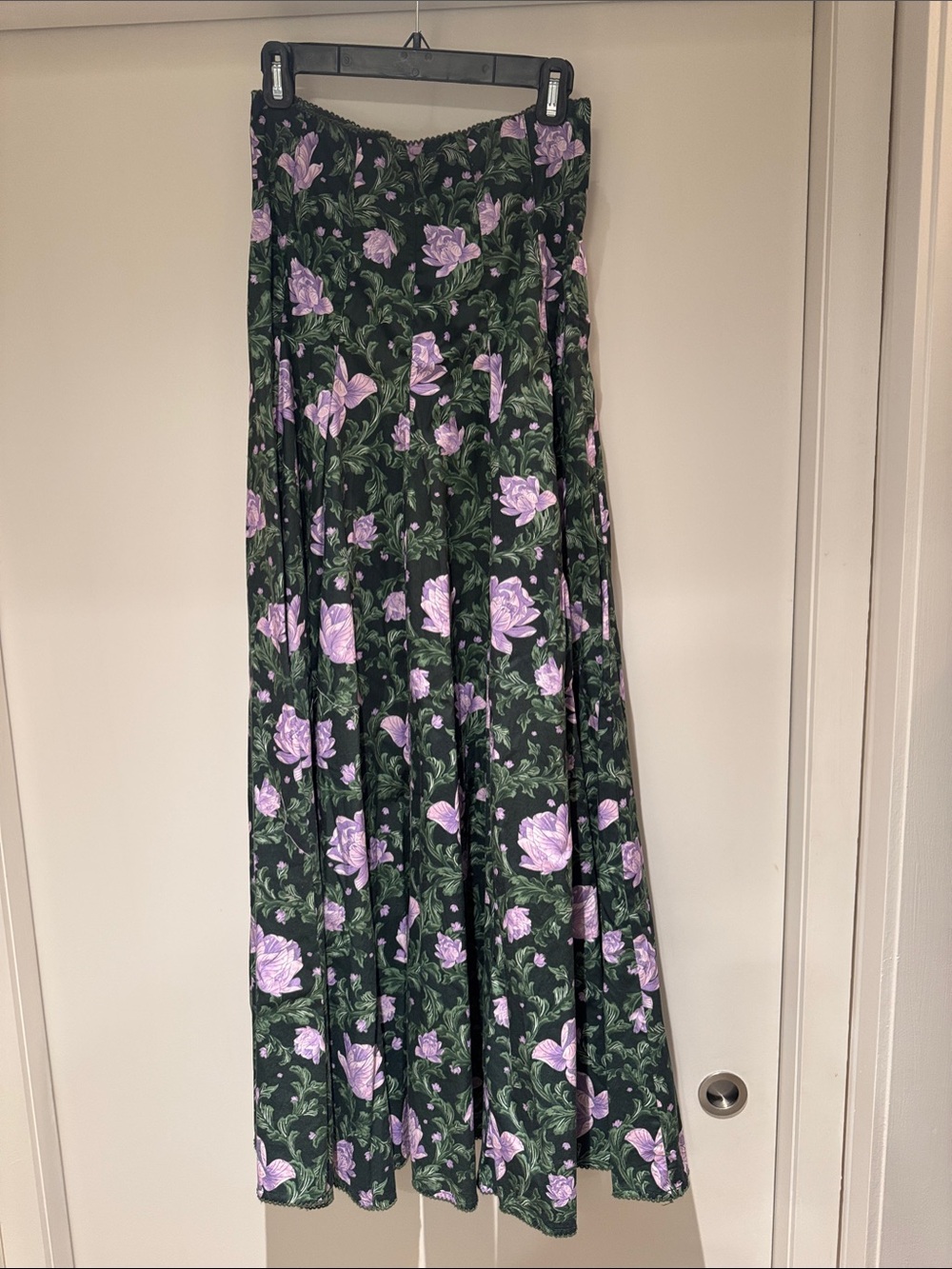 Agua Bendita Dark Green Maxi Skirt with Lavender Floral Print